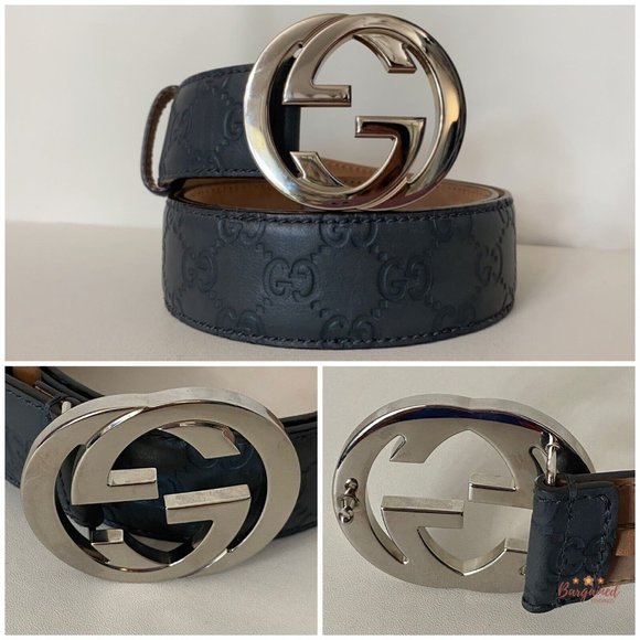 Authentic Gucci Gray Guccissima Leather Silver Interlocking G Buckle Belt 85/34 - Picture 5 of 12